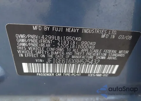 2008 Subaru Impreza 2.5I z USA, uszkodzony, nr VIN JF1GE616X8H525432